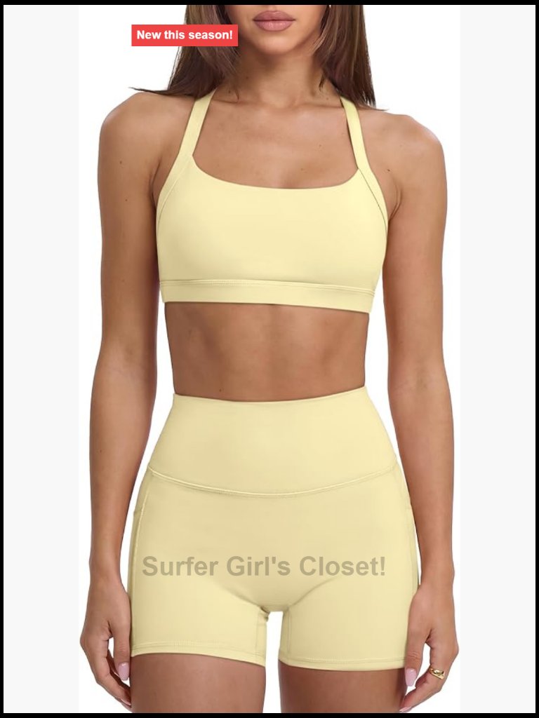 2 Piece Workout Set With Pockets Padded Sports Bra High Waisted Shorts